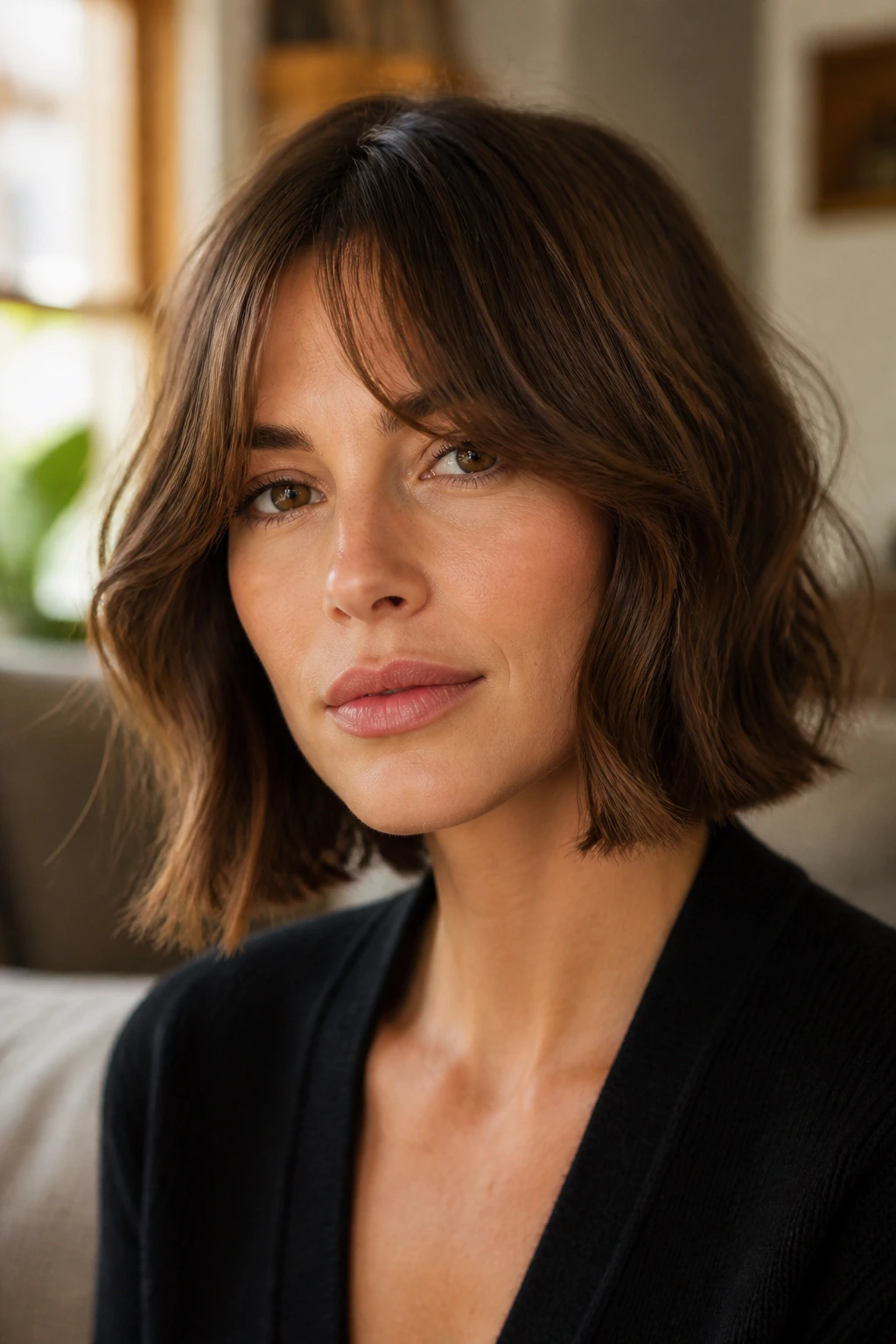 Close-up of a real woman with a curtain bob and soft fringe