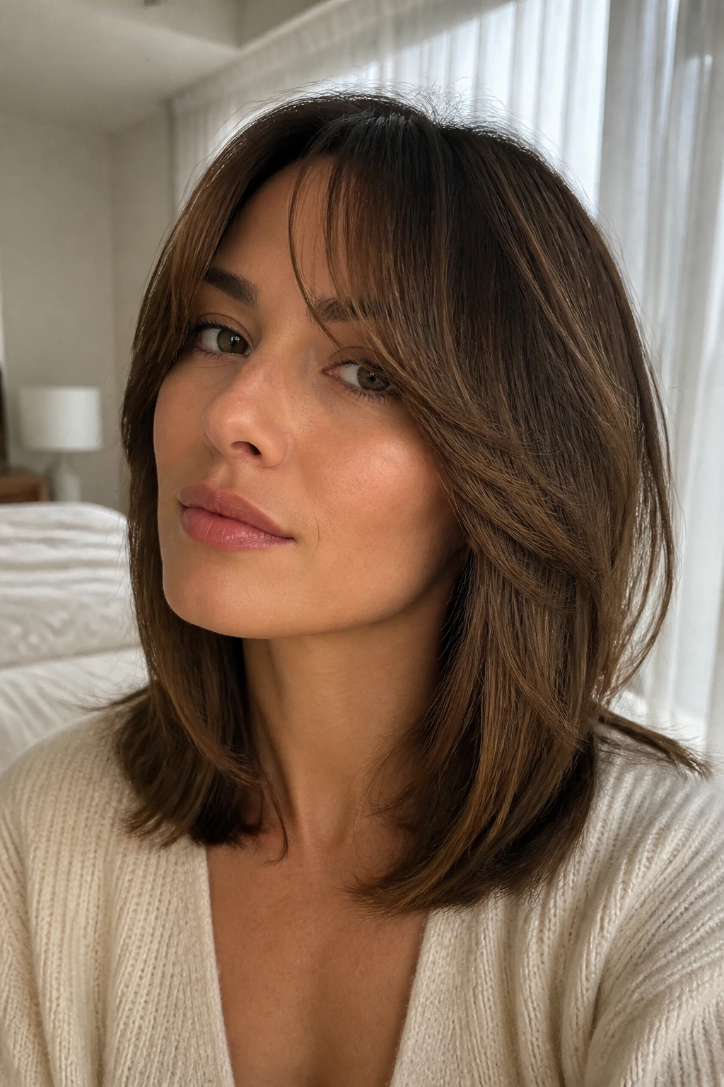 Portrait of a woman with curtain-hybrid fringe blending into a side sweep