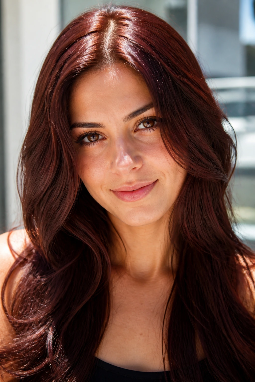 Close-up of a real woman with dark auburn hair in bright natural light.
