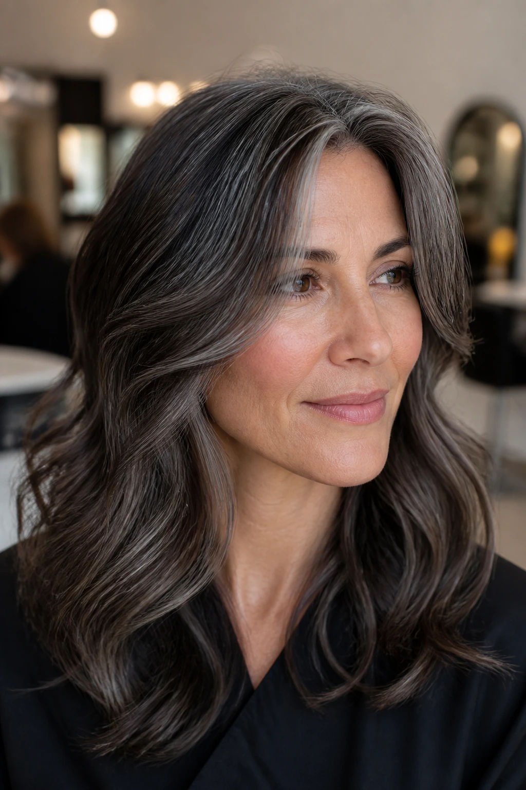 Close-up of real woman with dark slate lowlights blending into brunette