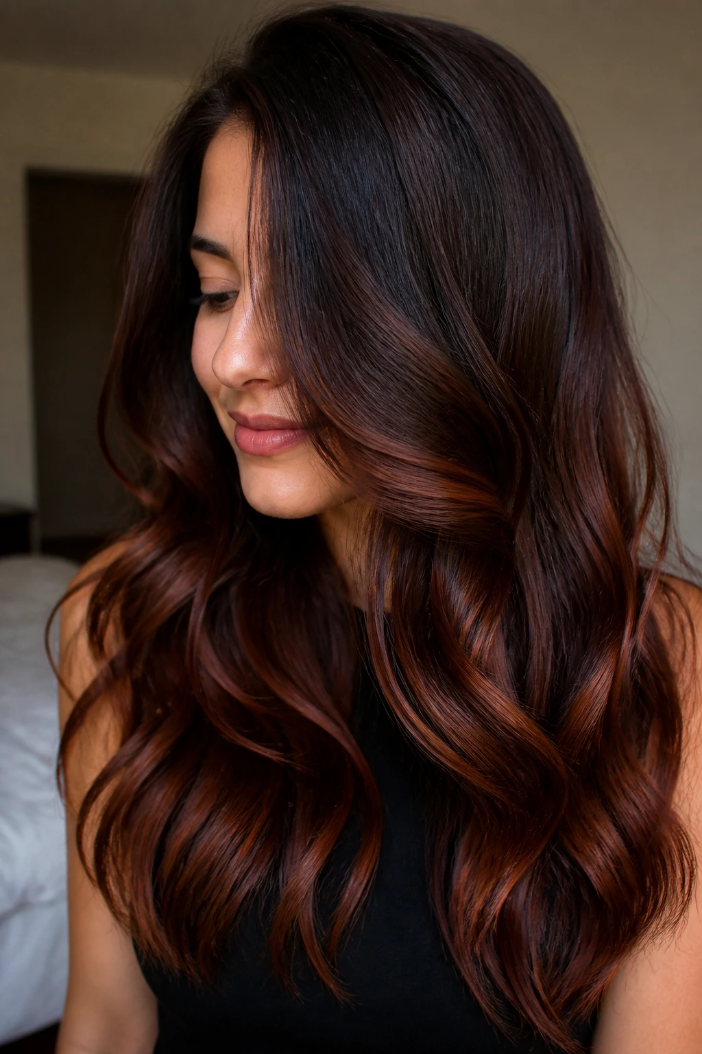Close-up of deep auburn balayage on dark brown hair of a real woman under natural window light