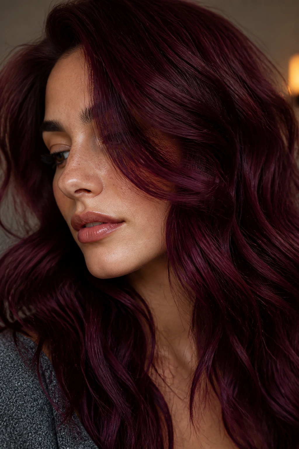 Close-up of a real woman with deep burgundy hair in warm side lighting.