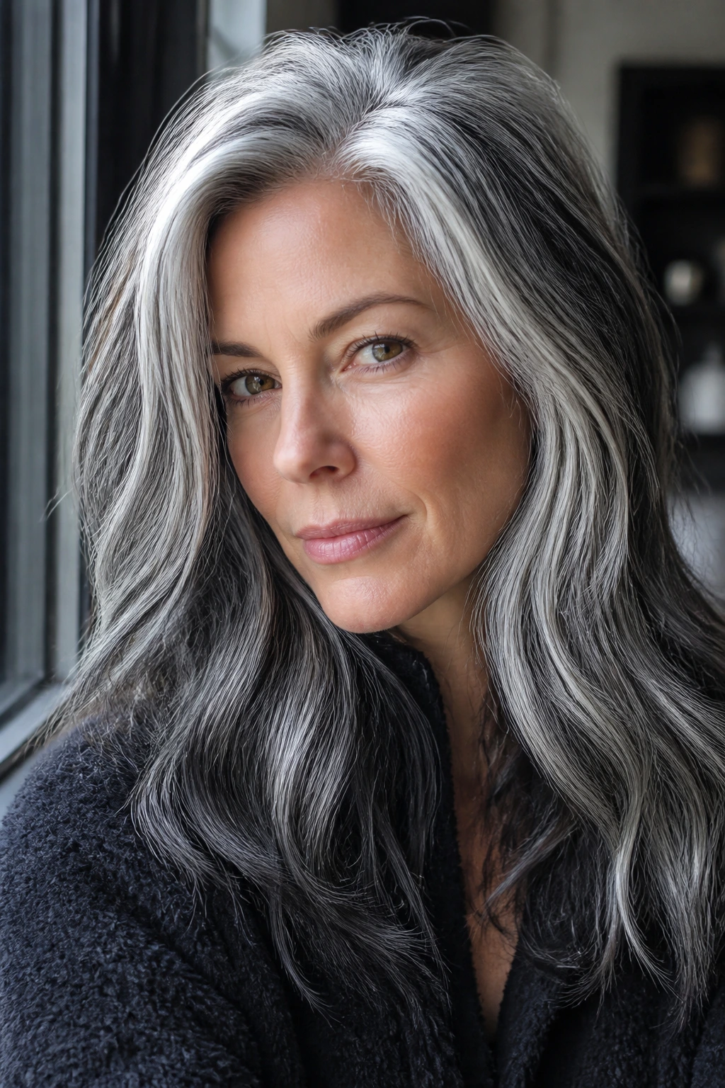 Portrait of a woman with deep charcoal lowlights against silver hair