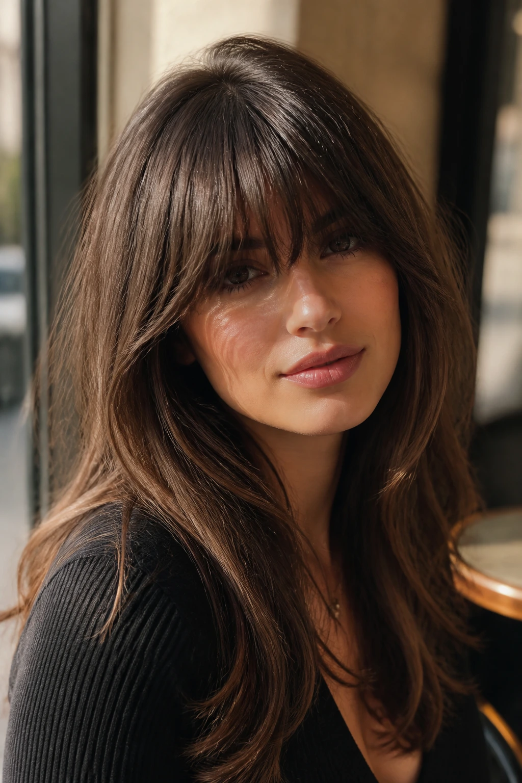 Close-up of a woman with deep-set full fringe and feathered ends