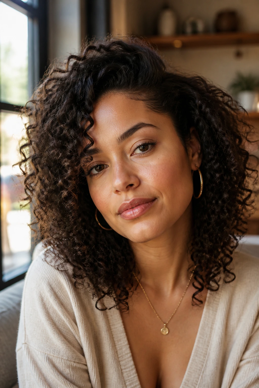 Close-up of a real woman with a deep side part and root lift