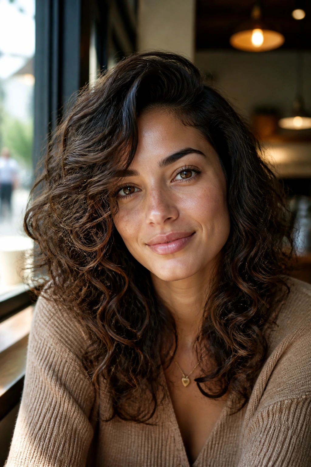 Close-up of a real woman with deep side-parted layered curls