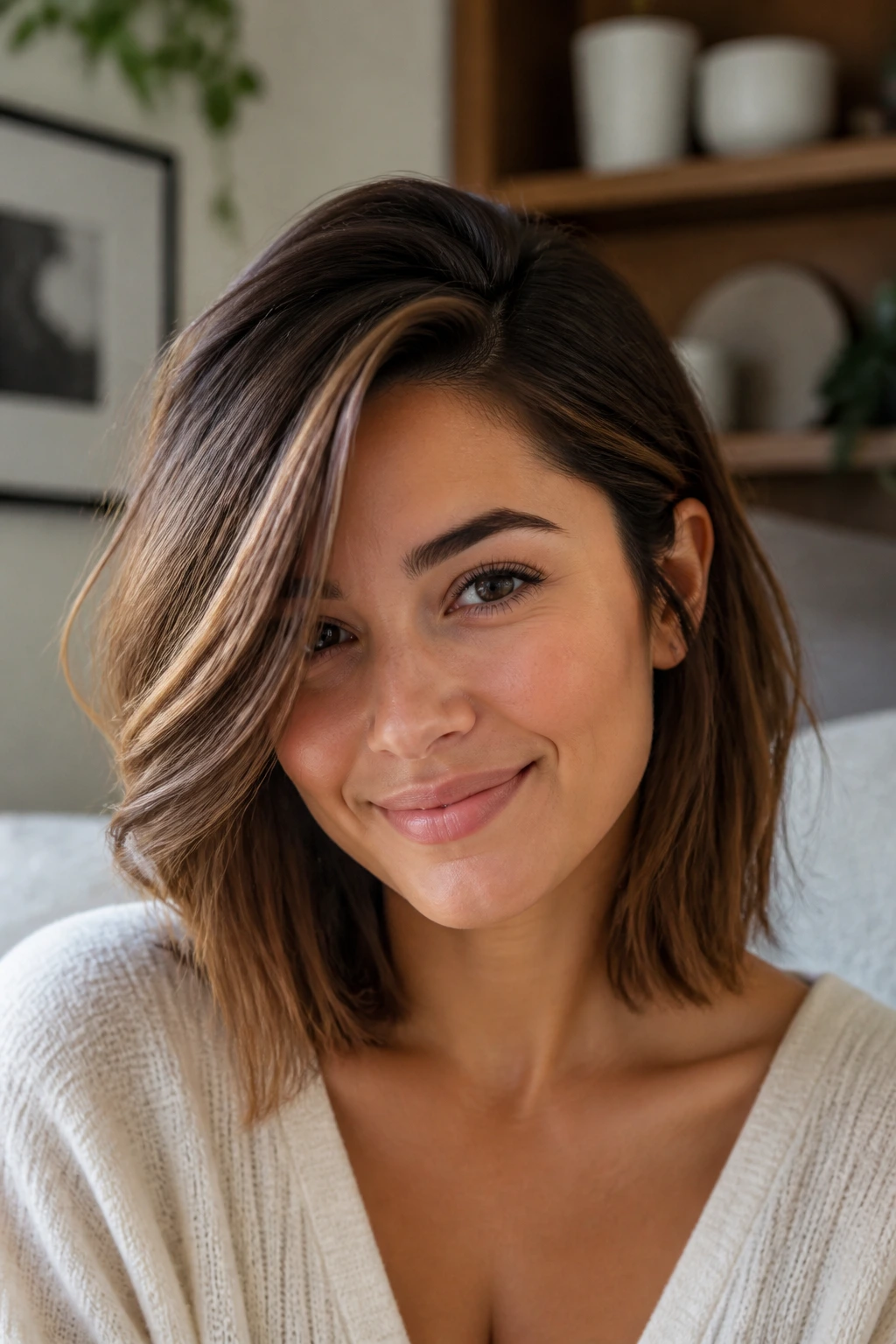 Close-up portrait of a real woman with a deep side part hairstyle