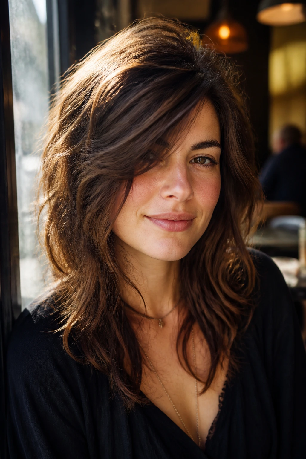 Close-up portrait of a real woman with Deep Side Part Shag, diagonal swoop framing the face in warm cafe light.