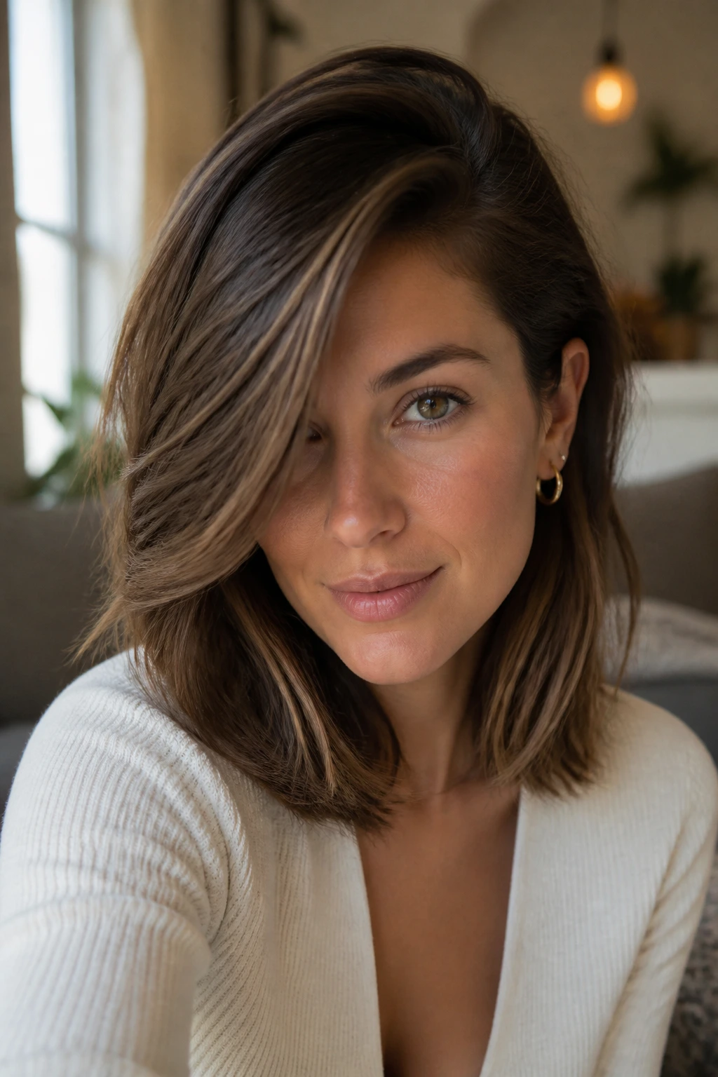Portrait of a woman with deep side part sweeping bangs across forehead in warm window light