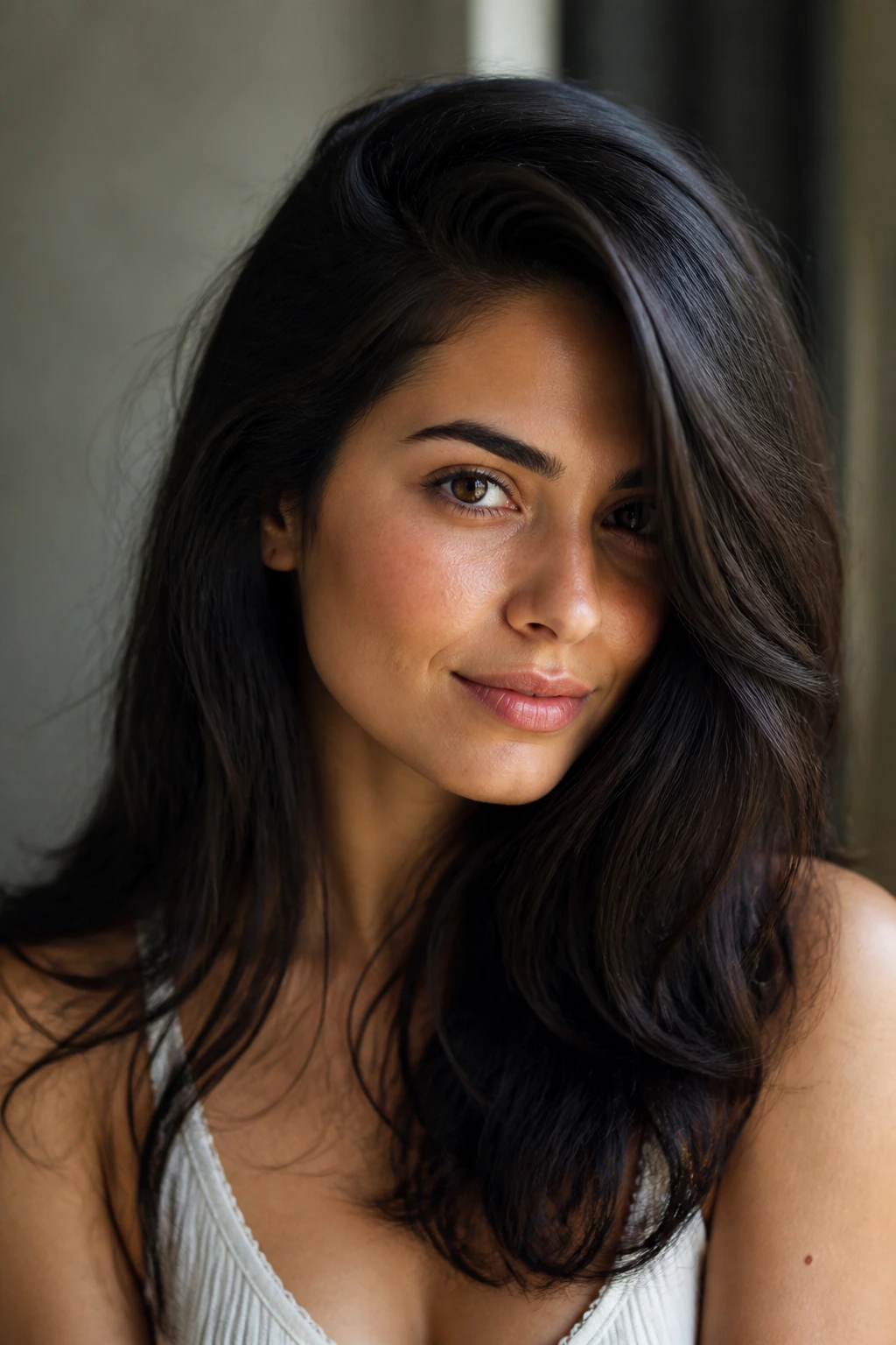 Close-up portrait of a real woman with a deep side part in thick hair.
