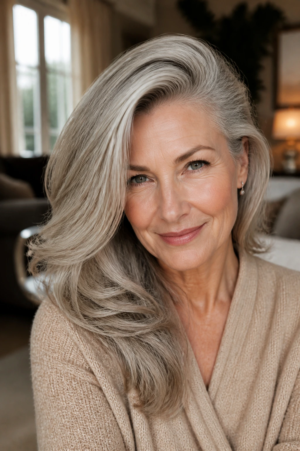 Close-up portrait of a real woman with a deep side part and voluminous crown