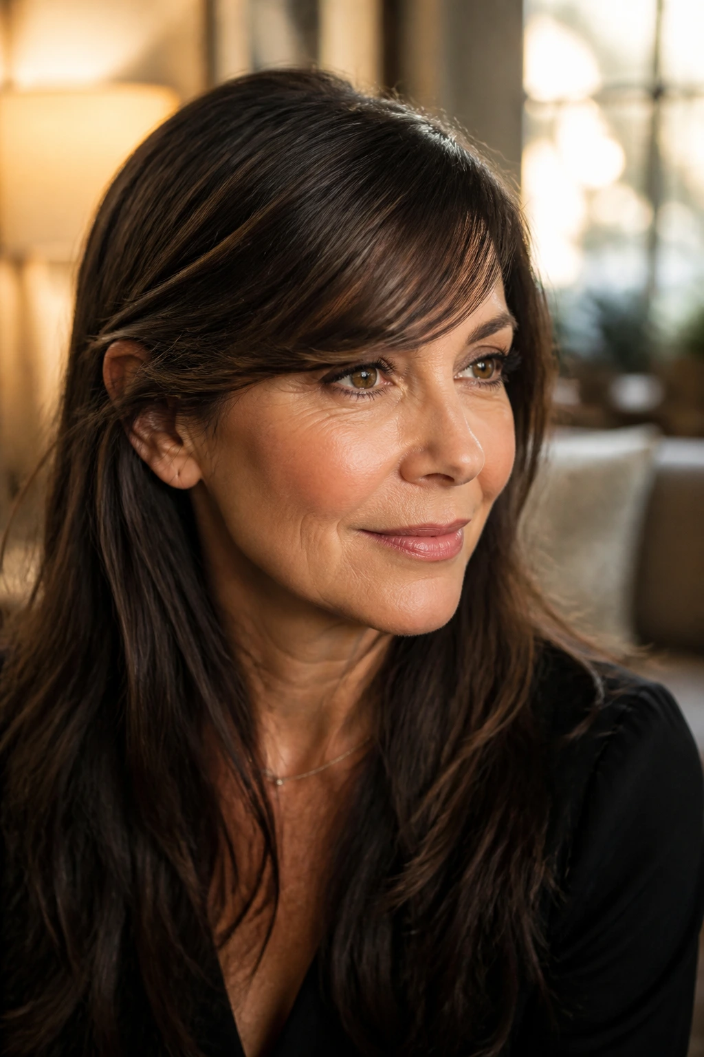 Portrait of a real woman with deep side-swept bangs tucked behind her ear.