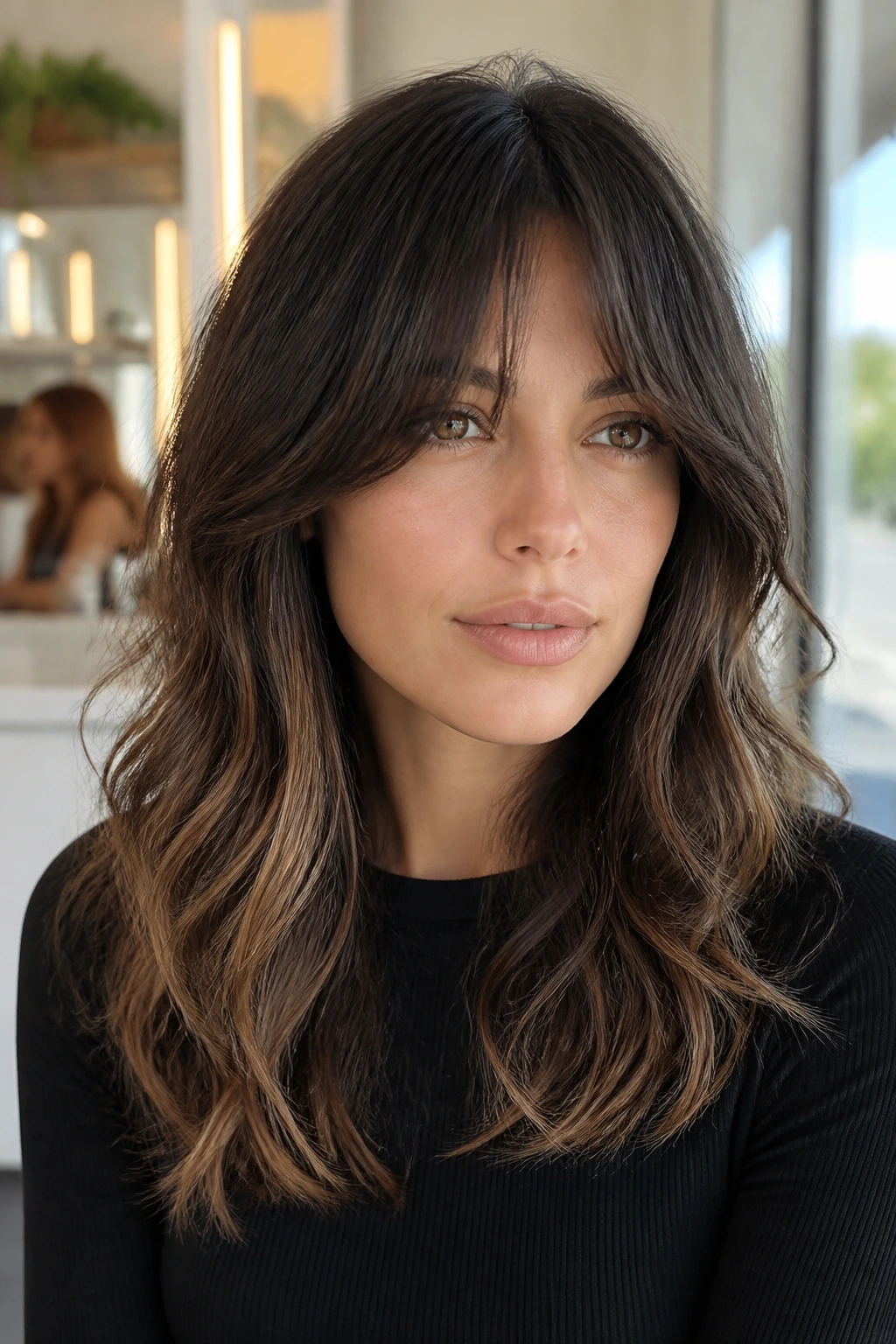 Close-up of a real person with dense curtain bangs and thick hair