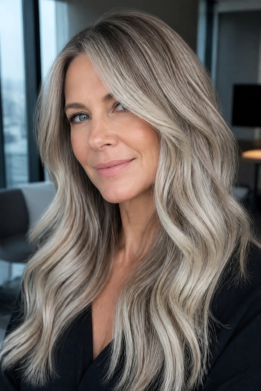 Close-up of a woman with dimensional ash blend blonde hair