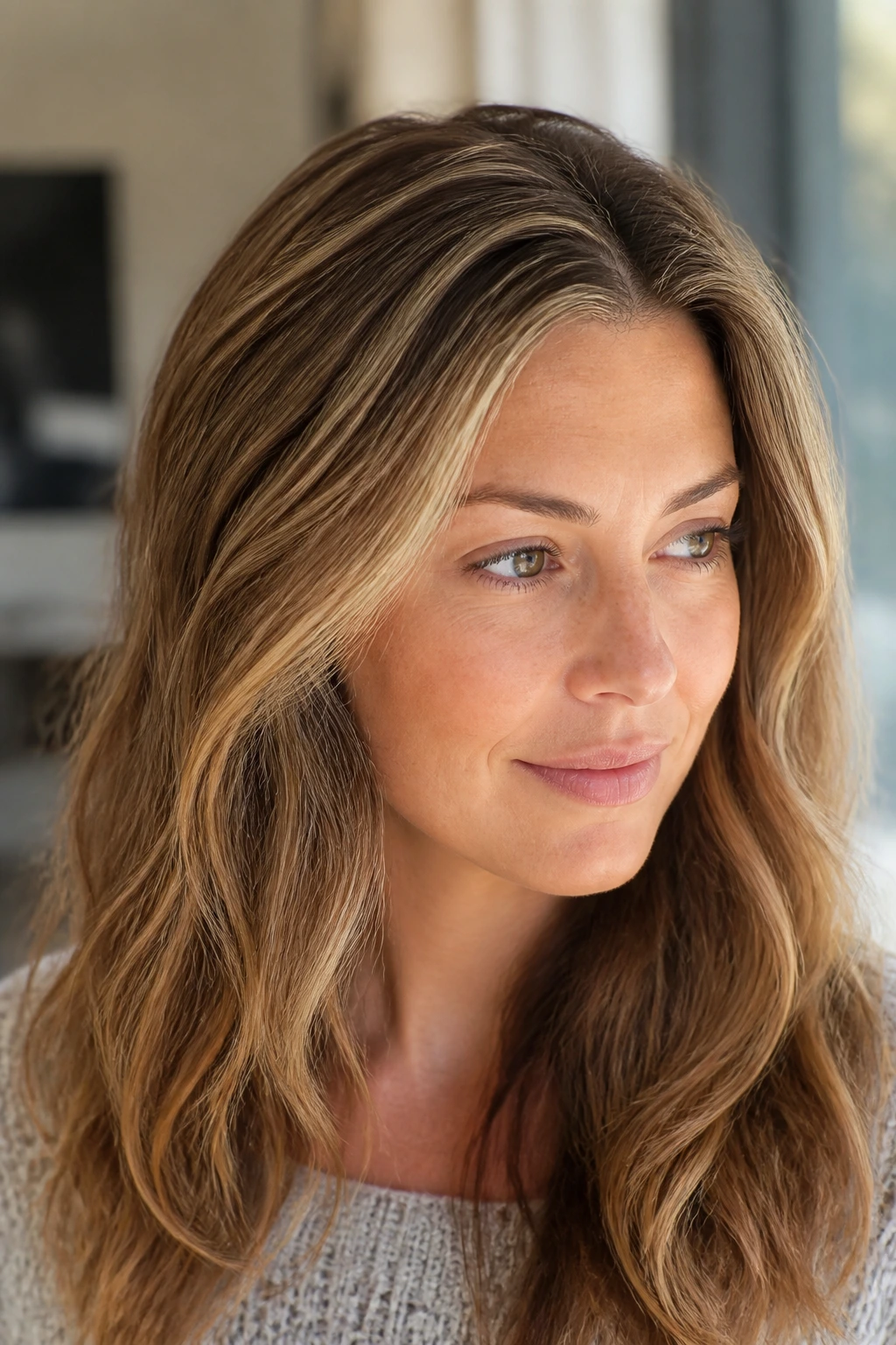Close-up of a woman’s light brown hair with dimensional babylights framing the face