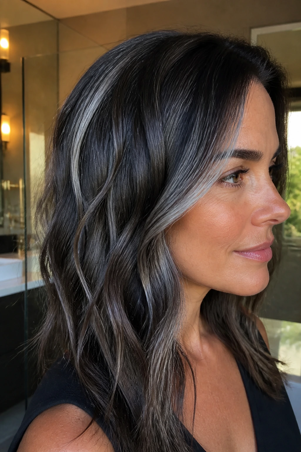 Portrait of a real person with dimensional silver highlights on dark hair.