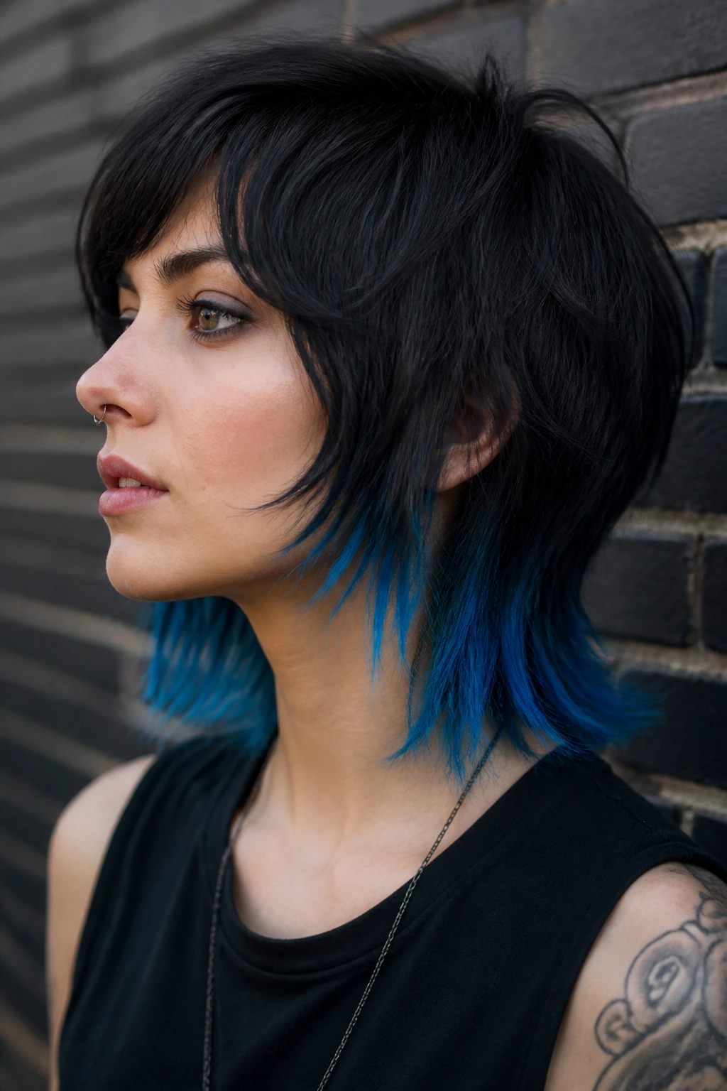 Close-up portrait of a real person with a short wolf cut showing crisp dip-dyed ends in neon blue