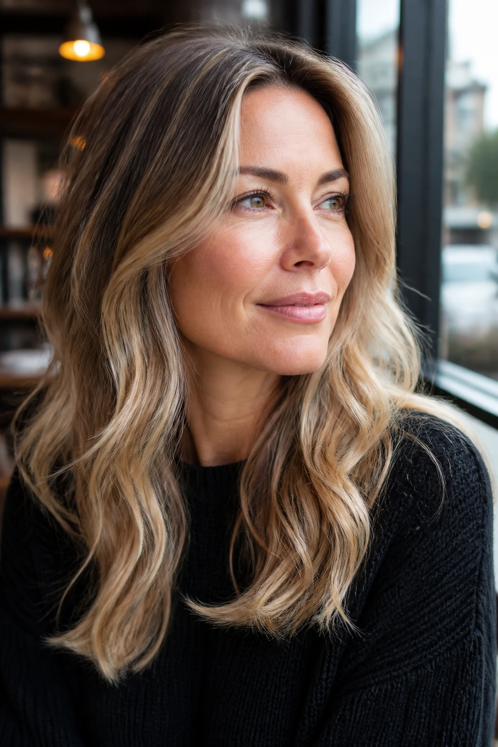 Close-up of a woman with dirty blonde hair and highlights in cafe light