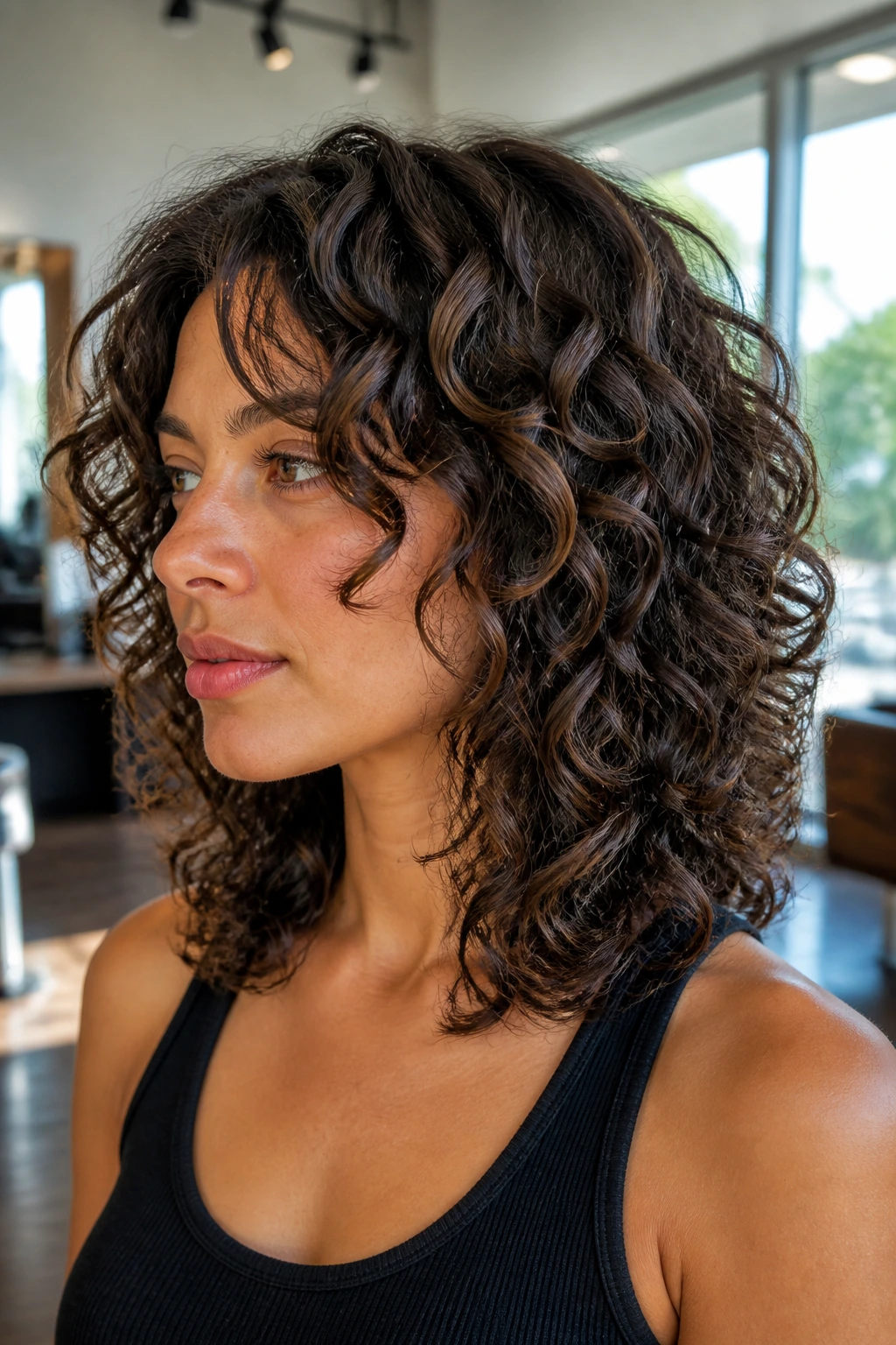 Close-up portrait of a real woman showing shoulder-length disconnected curly layers.