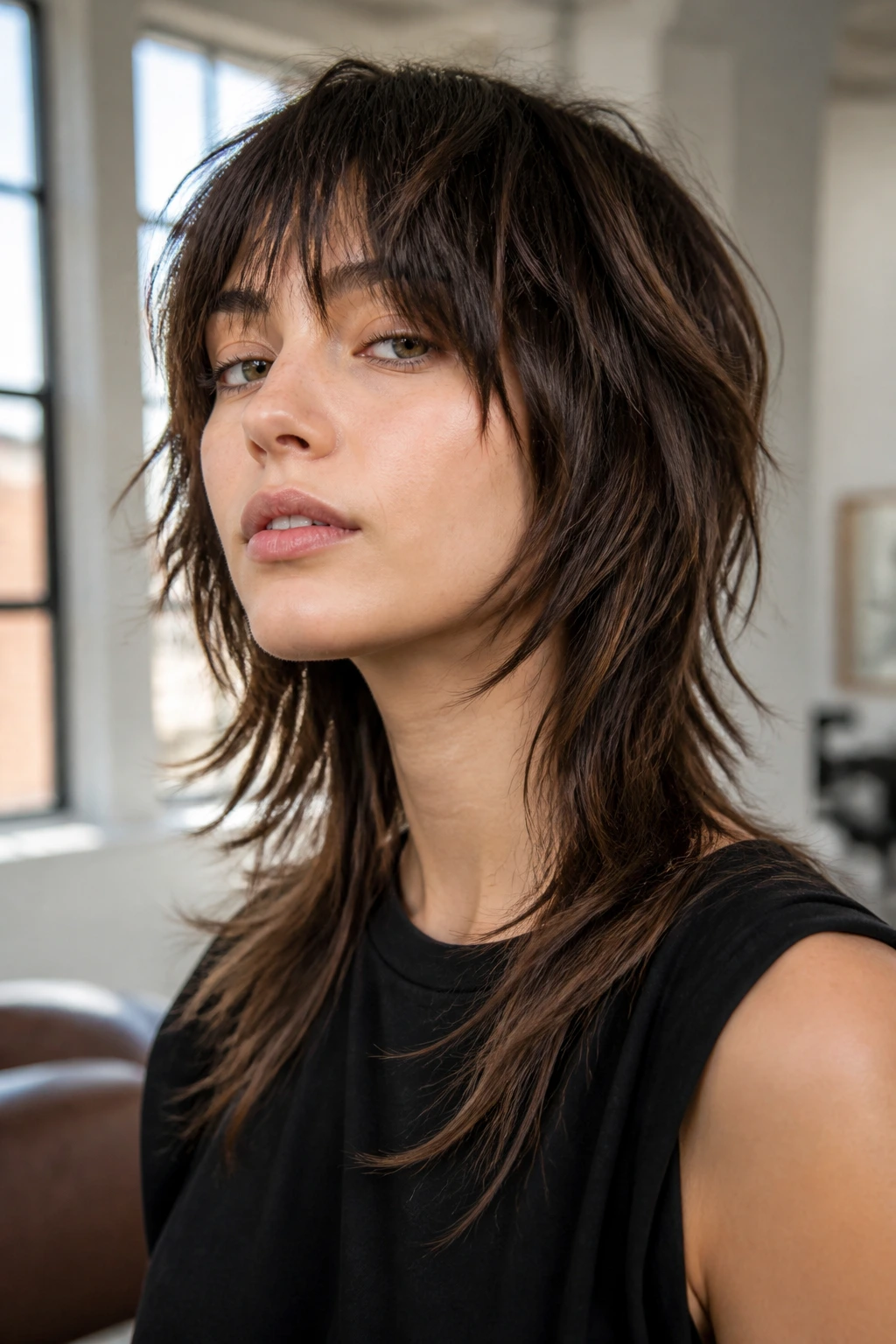 Close-up of a real person's head showing distinct disconnected layers shag.