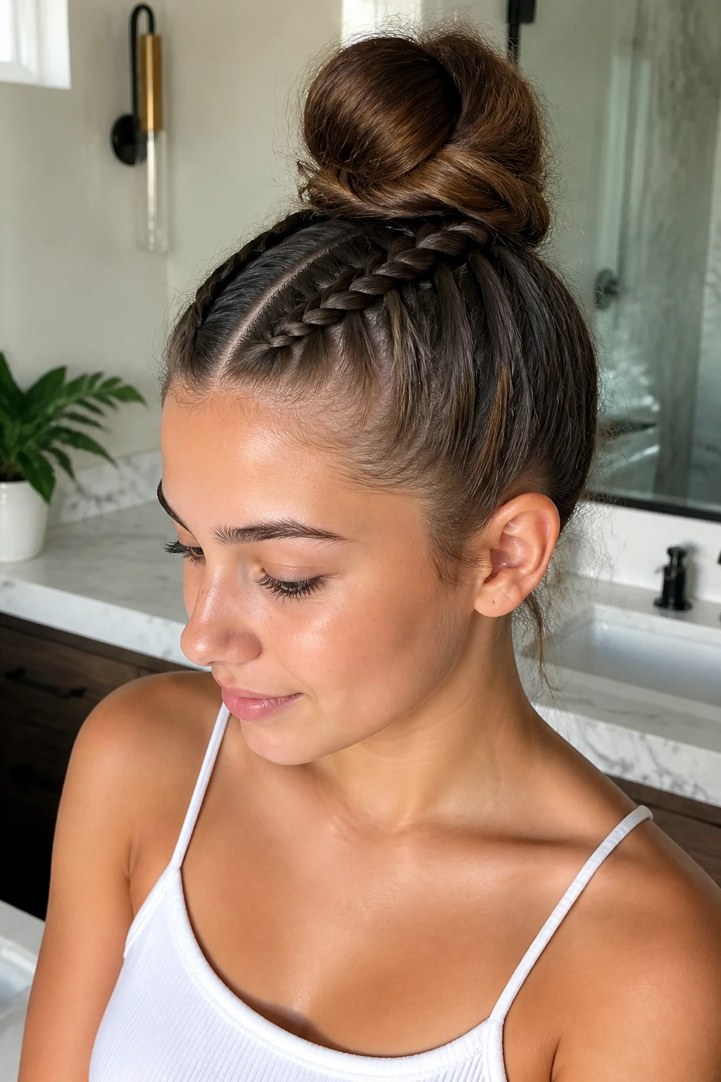 Close-up portrait of teen girl with double Dutch braids forming a high bun
