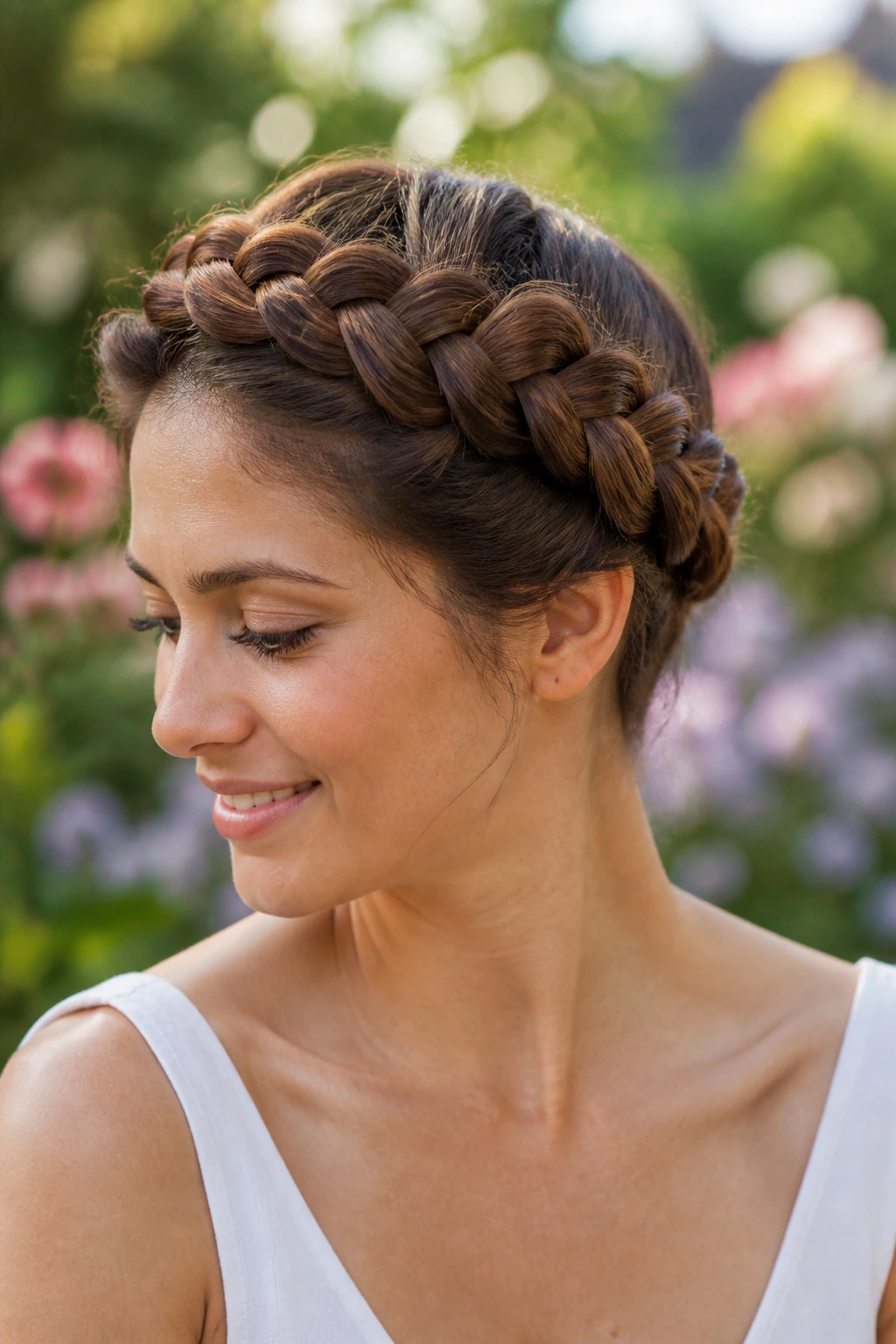 Real woman with a double French braid halo around her head