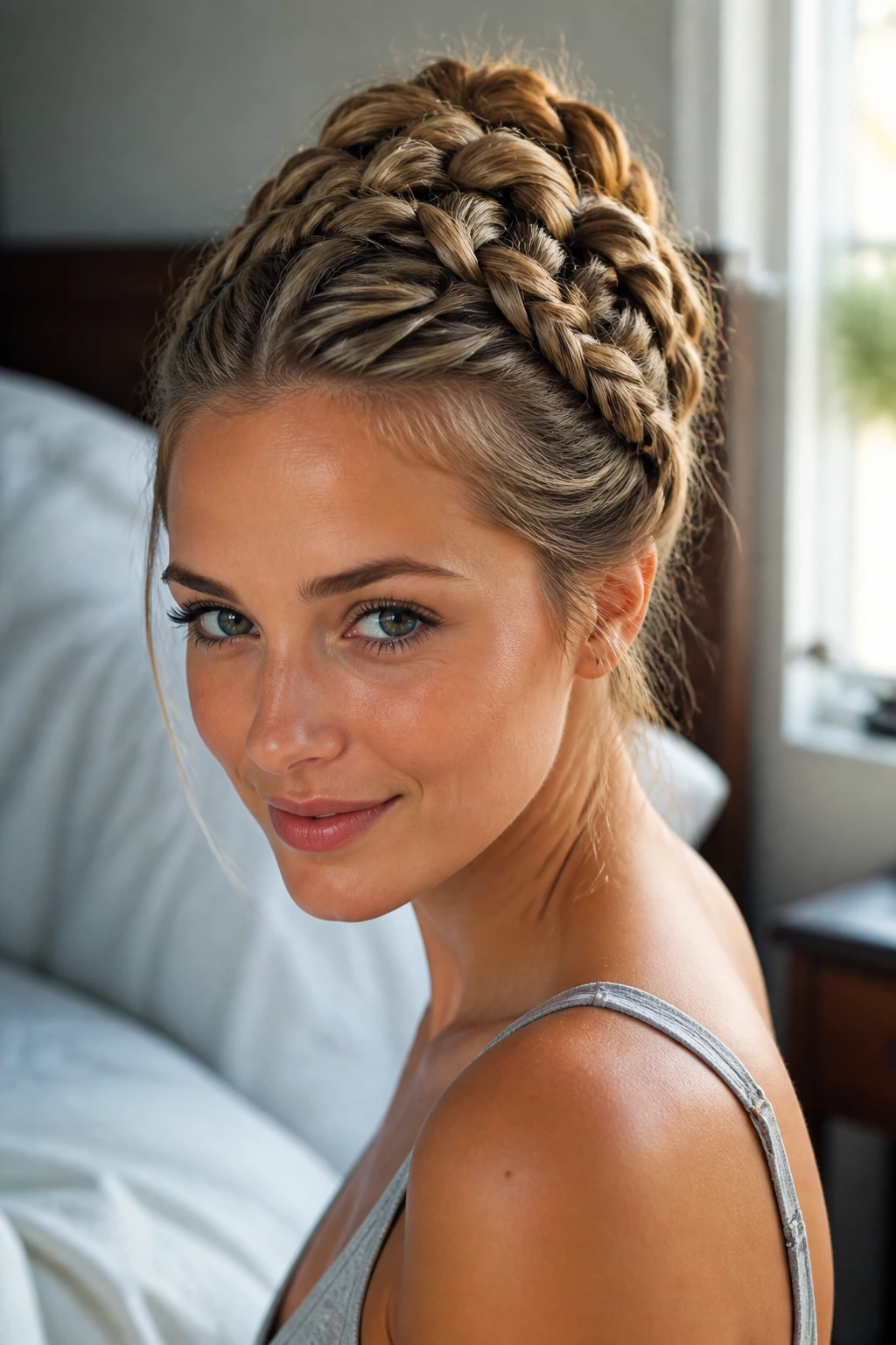 Close-up of a real woman with a central French braid and two side braids forming a lattice updo.
