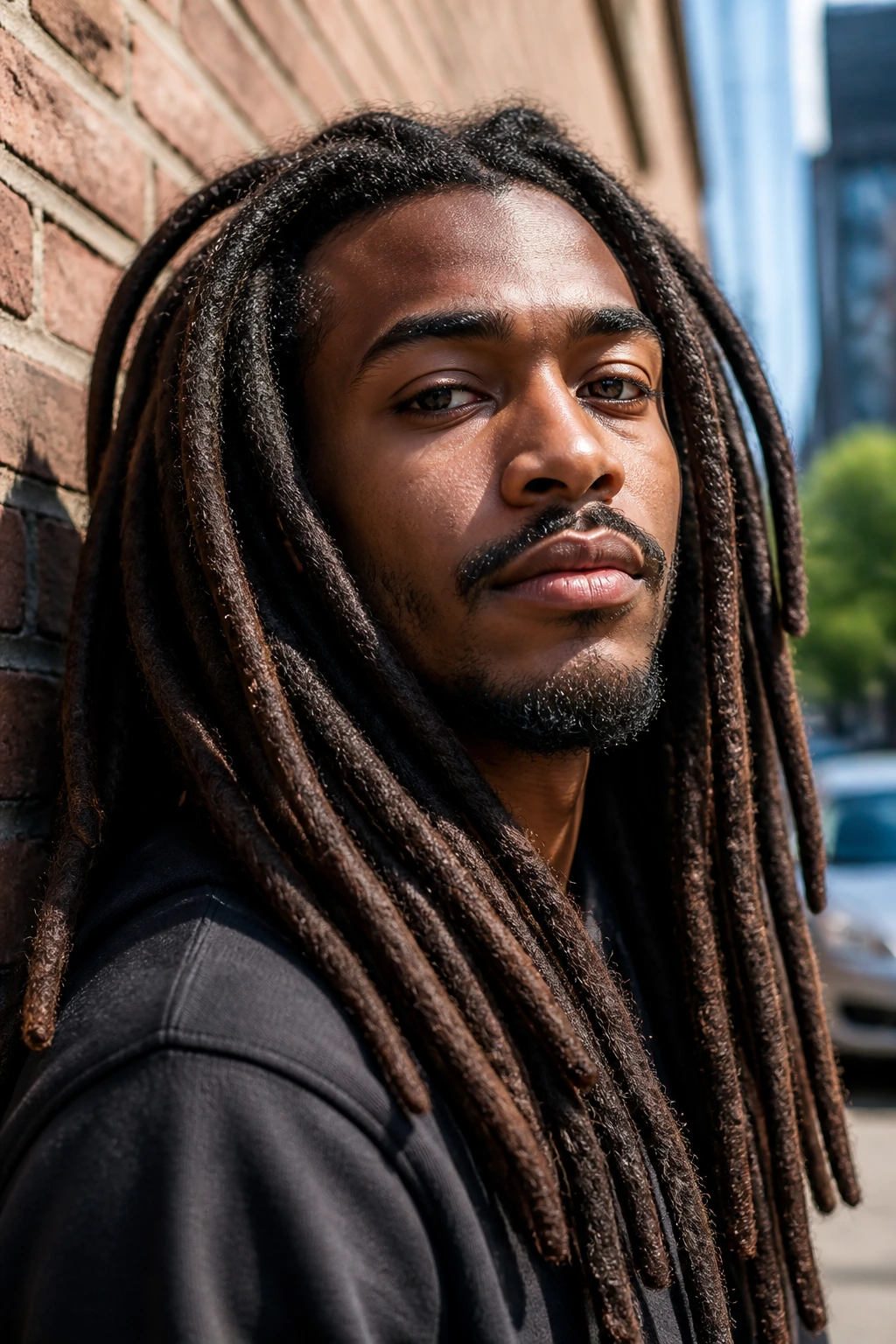 Portrait of a man with dreadlocks against an urban brick wall