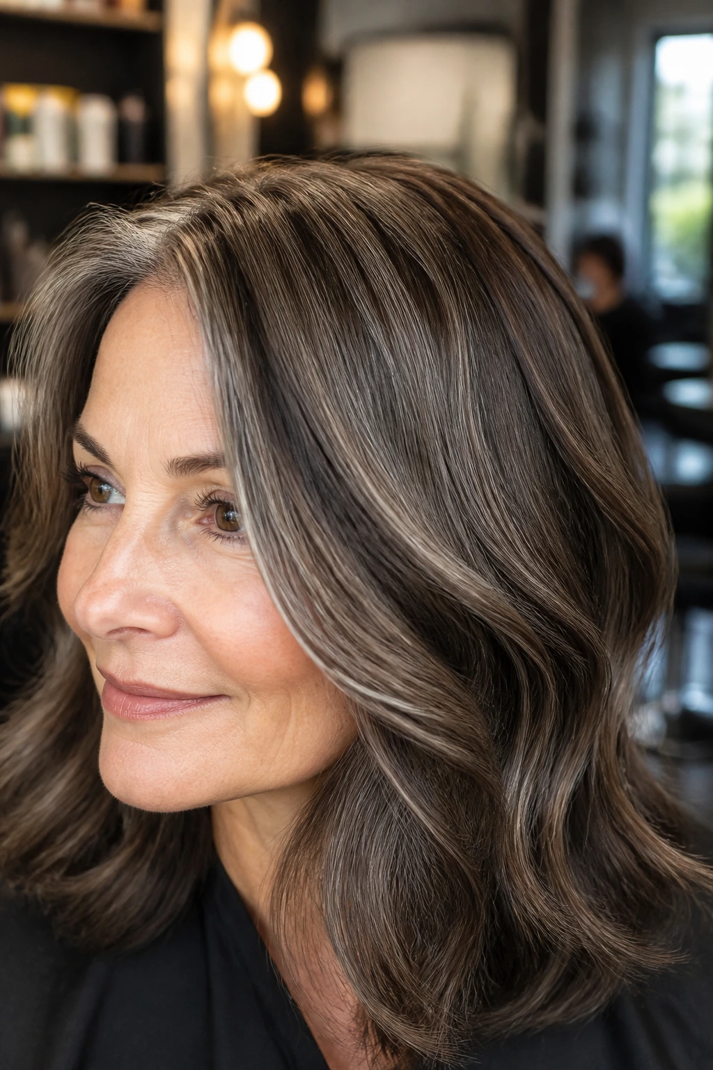 Real woman with dusty cocoa lowlights blending with grey hair