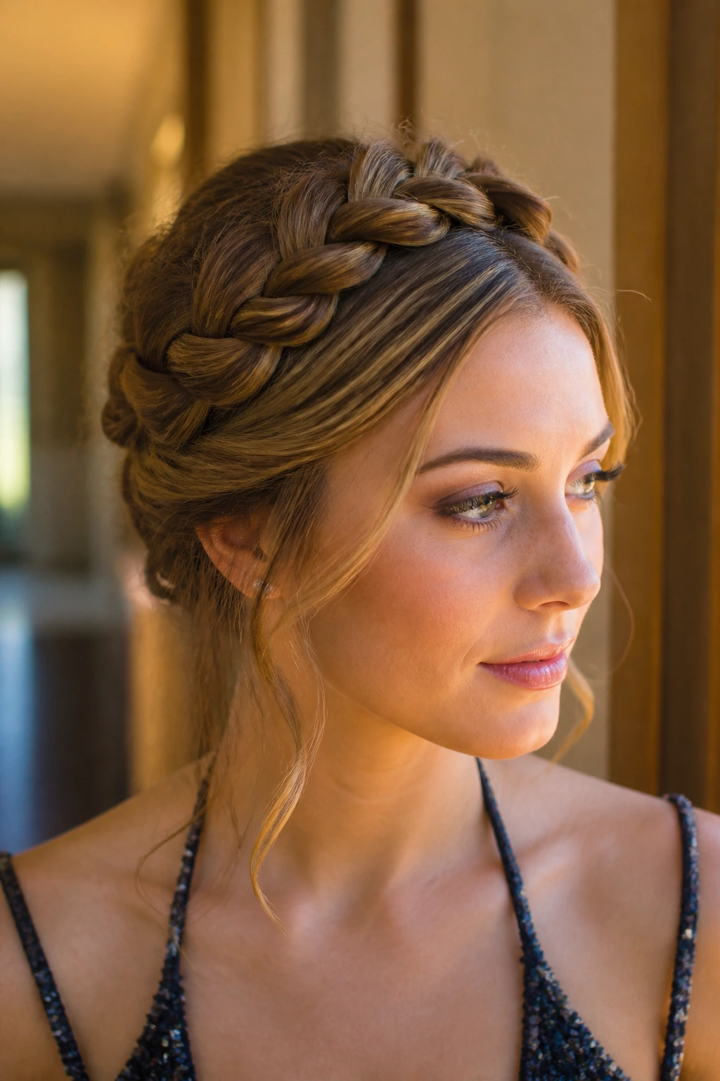 Close-up of a real woman wearing a Dutch braid crown around her head