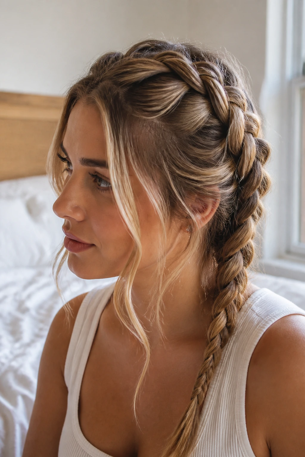 Close-up of real woman wearing a Dutch braid with face-framing pieces at the temples