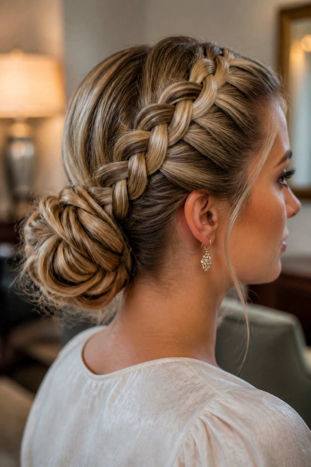 Real woman with a Dutch braid forming a low bun at the nape