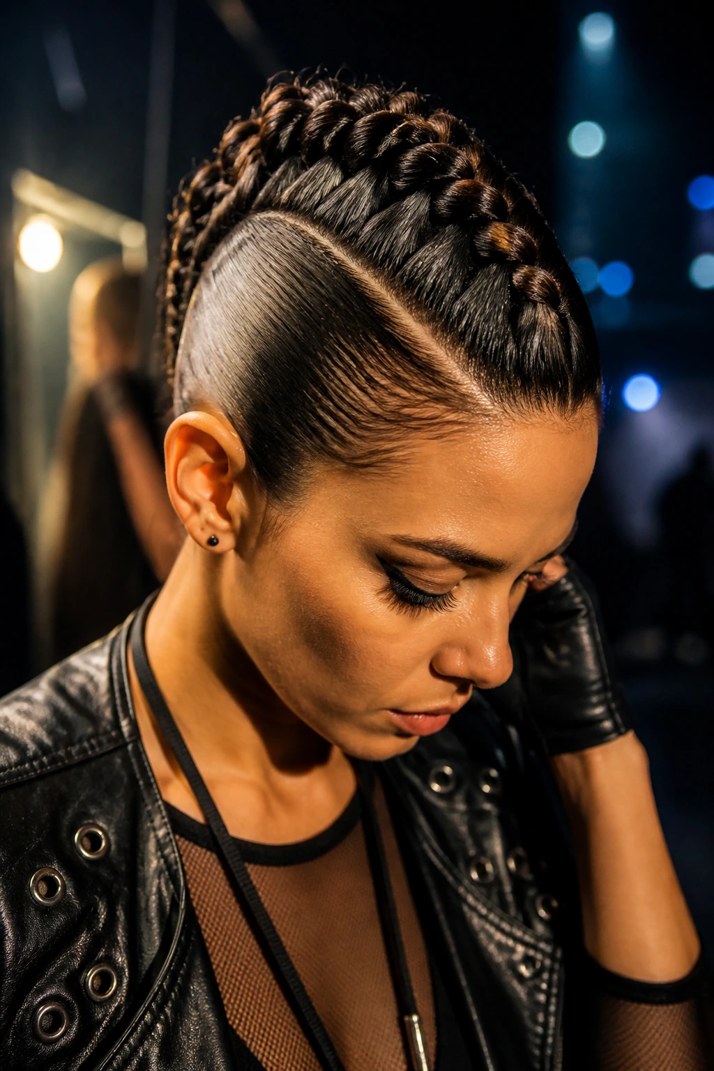 Real person with a bold center Dutch braid Mohawk