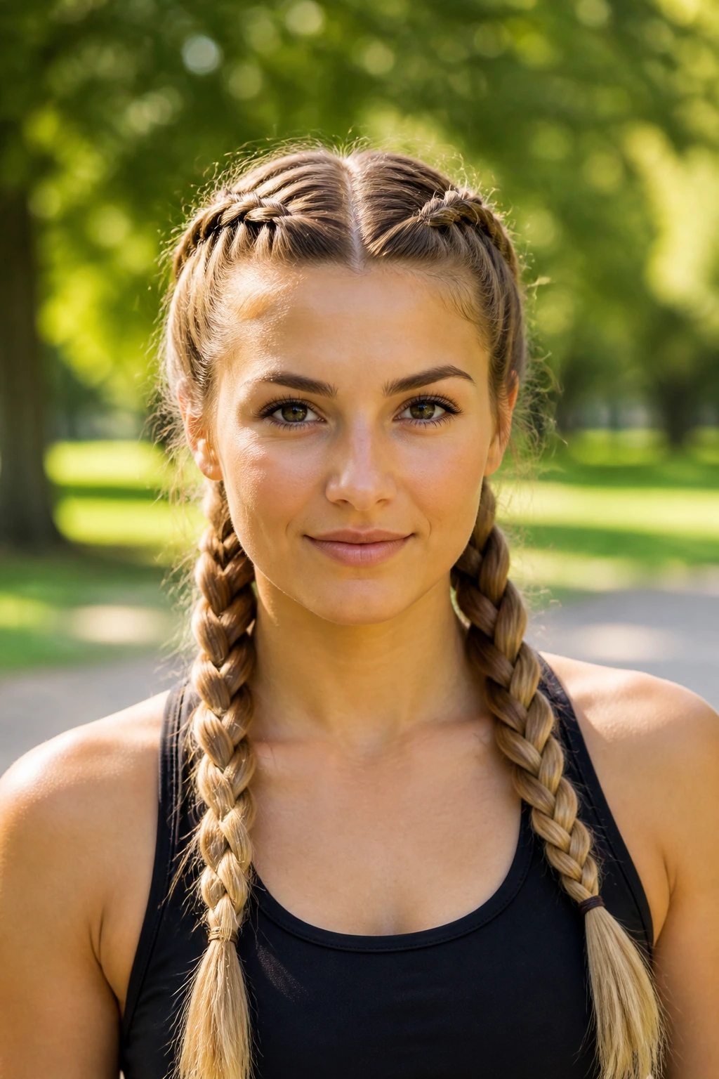 Real woman with two Dutch braided pigtails
