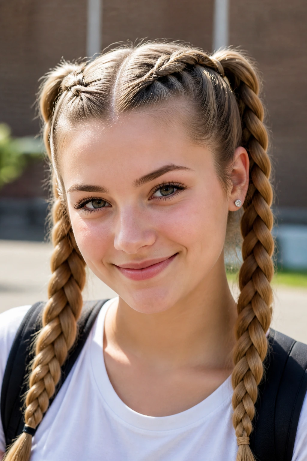 Teen girl with Dutch braid pigtails in an outdoor courtyard