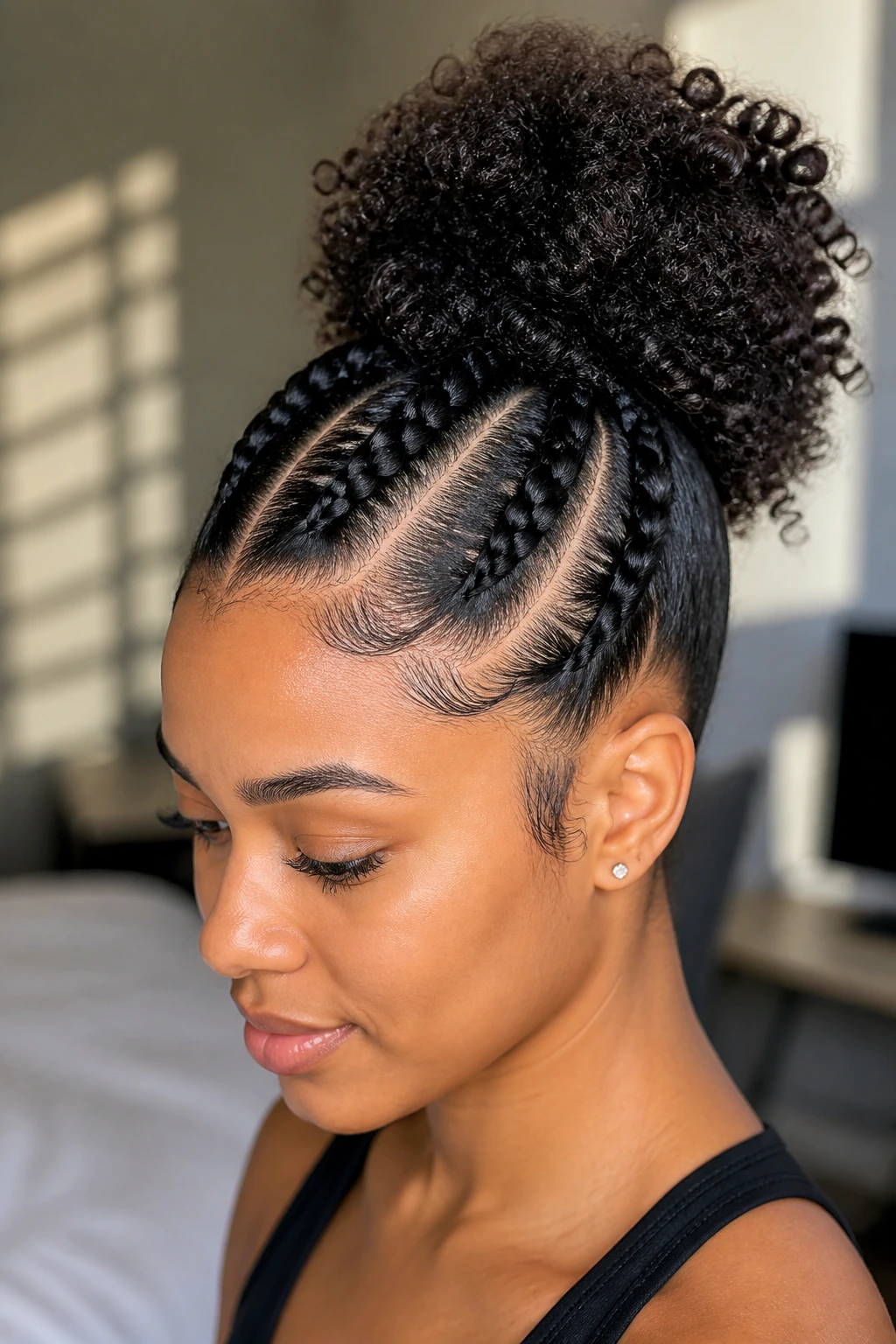Portrait of a real person with Dutch braids flowing into a high back puff