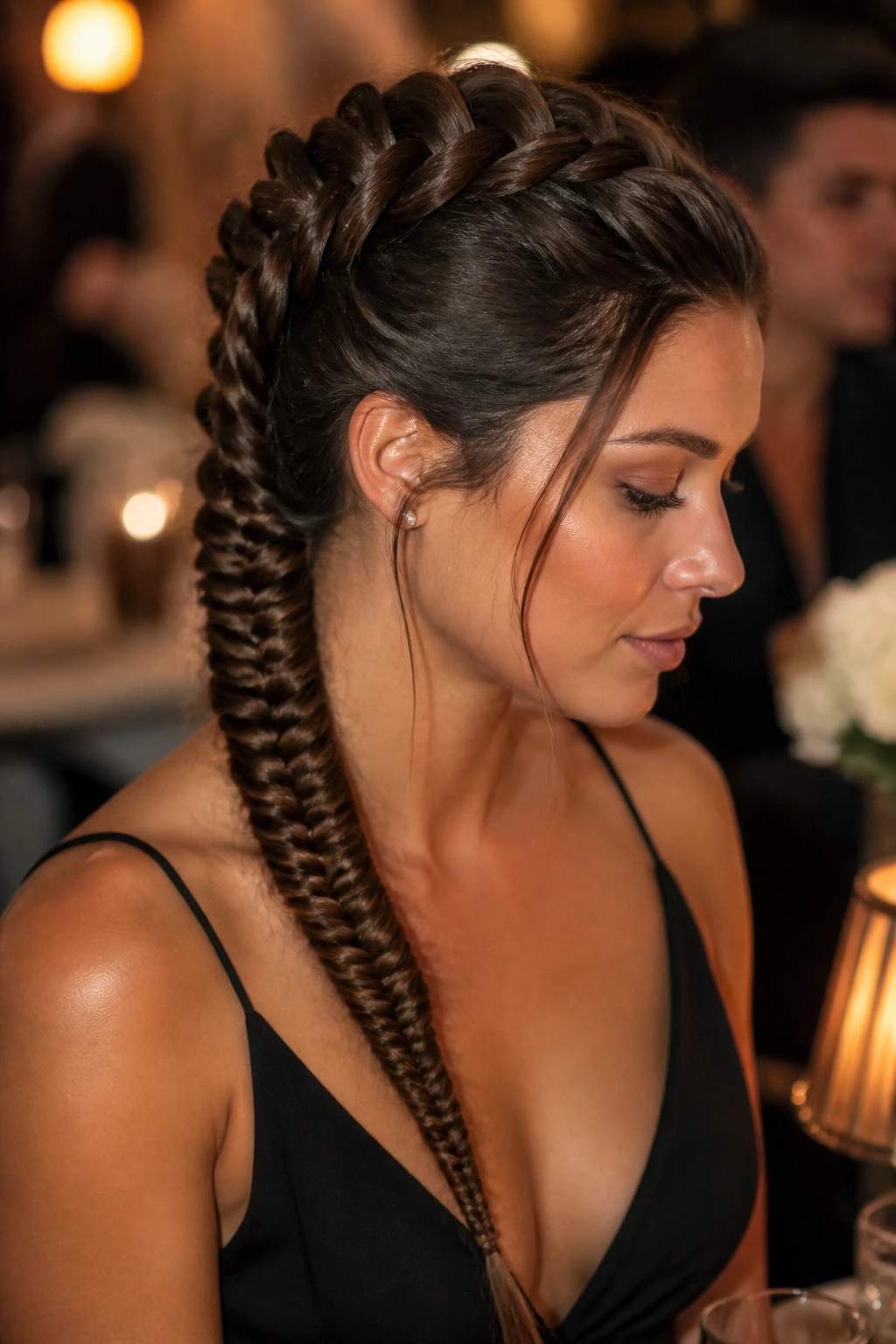 Close-up of a real woman with a Dutch Fishtail Hybrid braid on top and fishtail below.