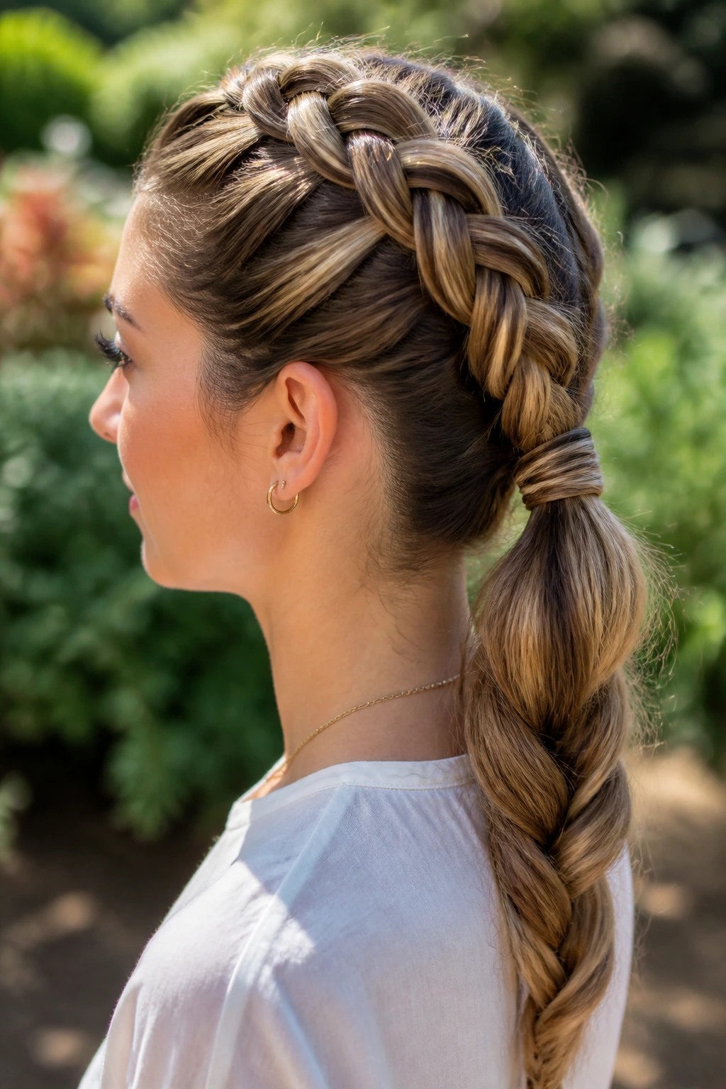 Close-up of real woman with Dutch rope ponytail showing crown braid and rope-twisted tail