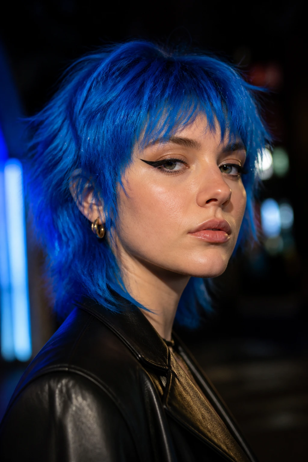 Real person with electric blue short wolf cut in neon night setting
