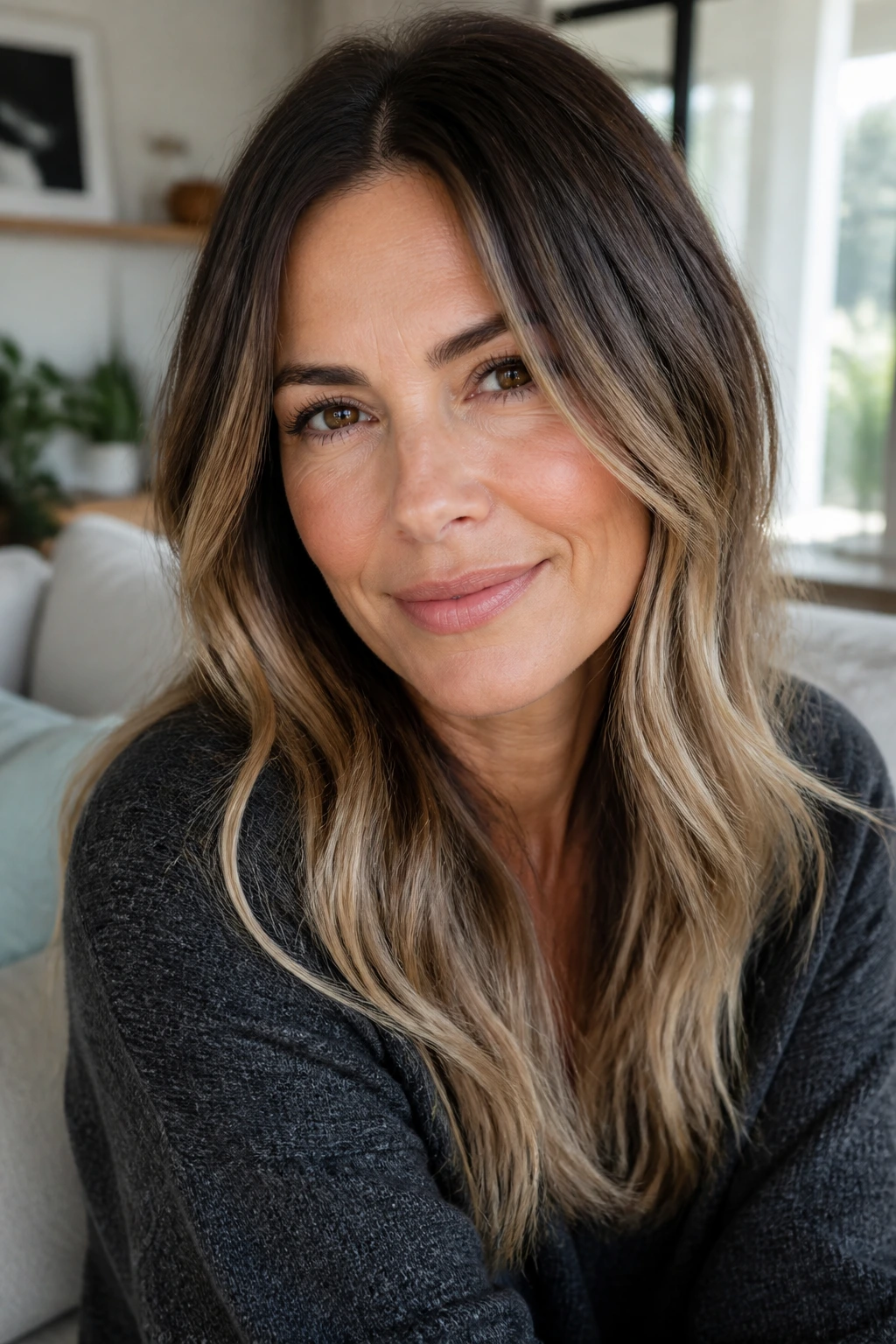 Close-up of a woman with espresso-to-blonde sombre hair in a sunlit living room