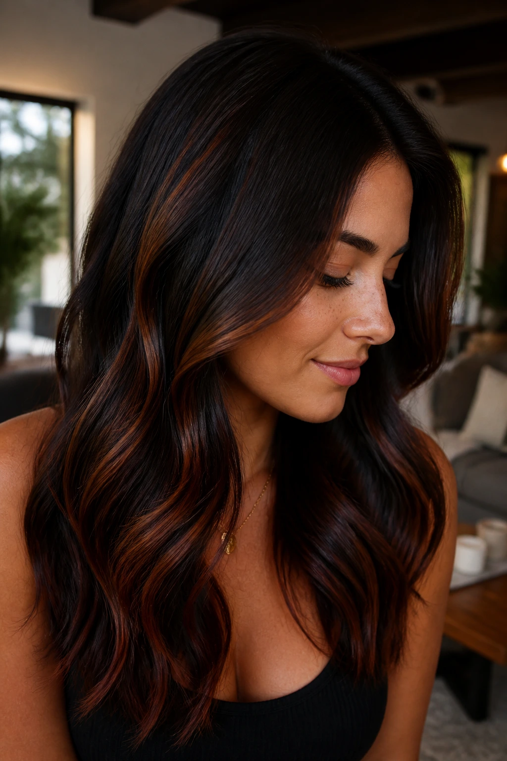 Real woman with espresso brown hair and copper lowlights