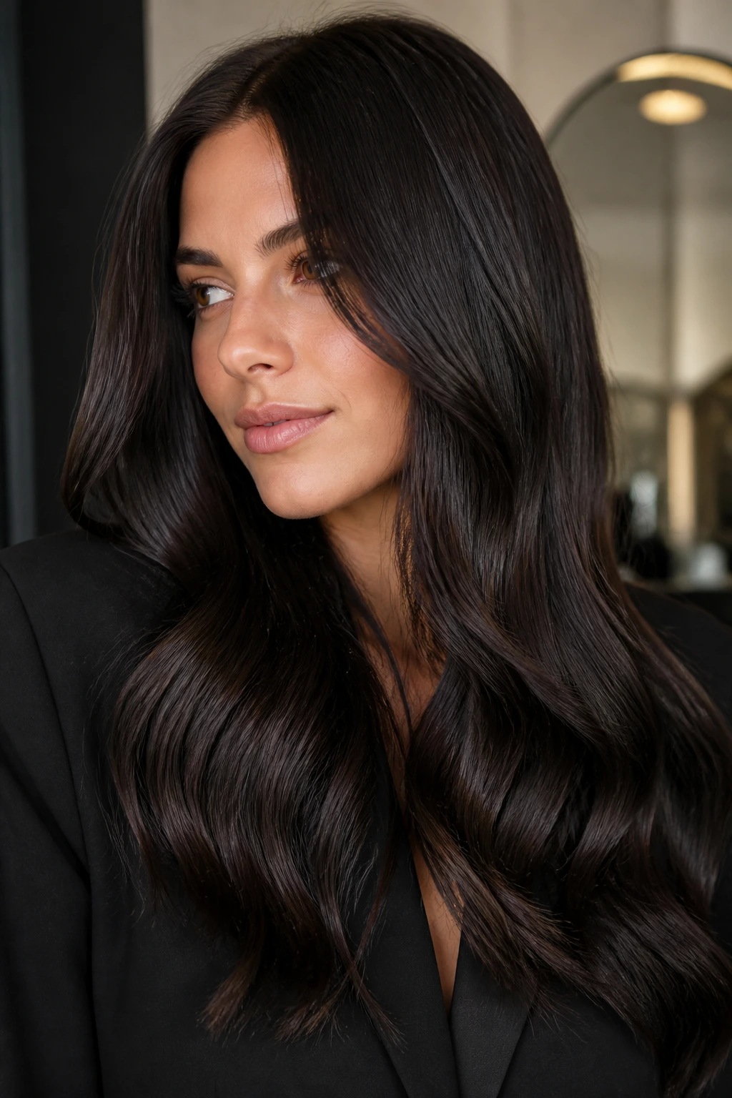 Close-up of real woman with Espresso Glaze glossy brunette hair