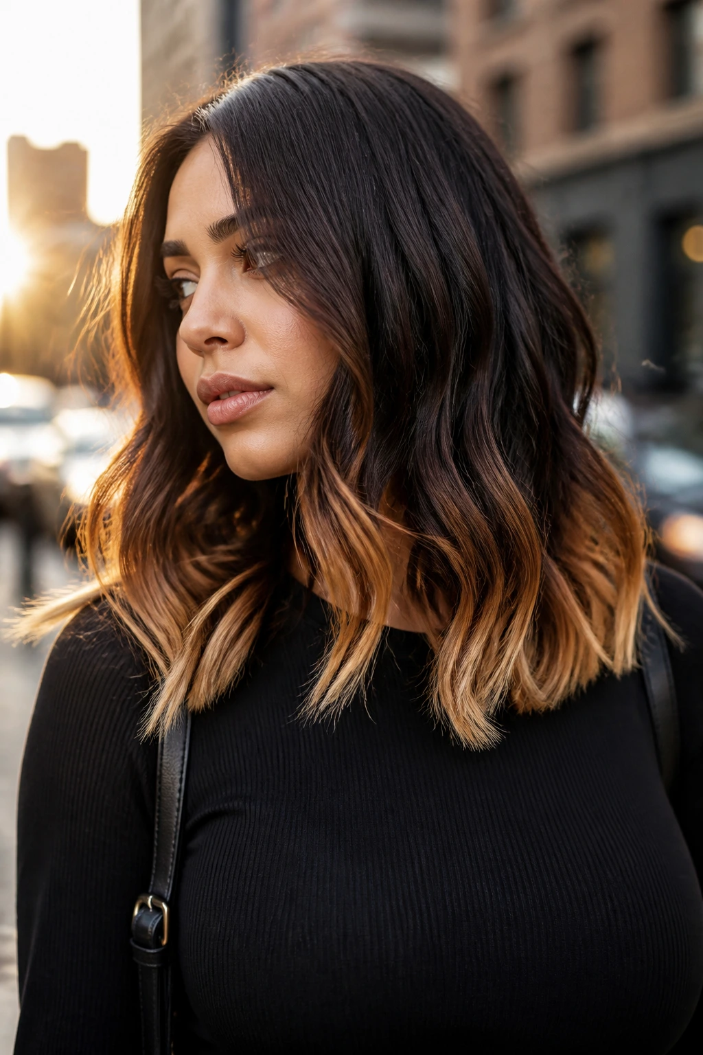 Close-up of a real woman with espresso hair and golden tips at the ends in golden hour light.
