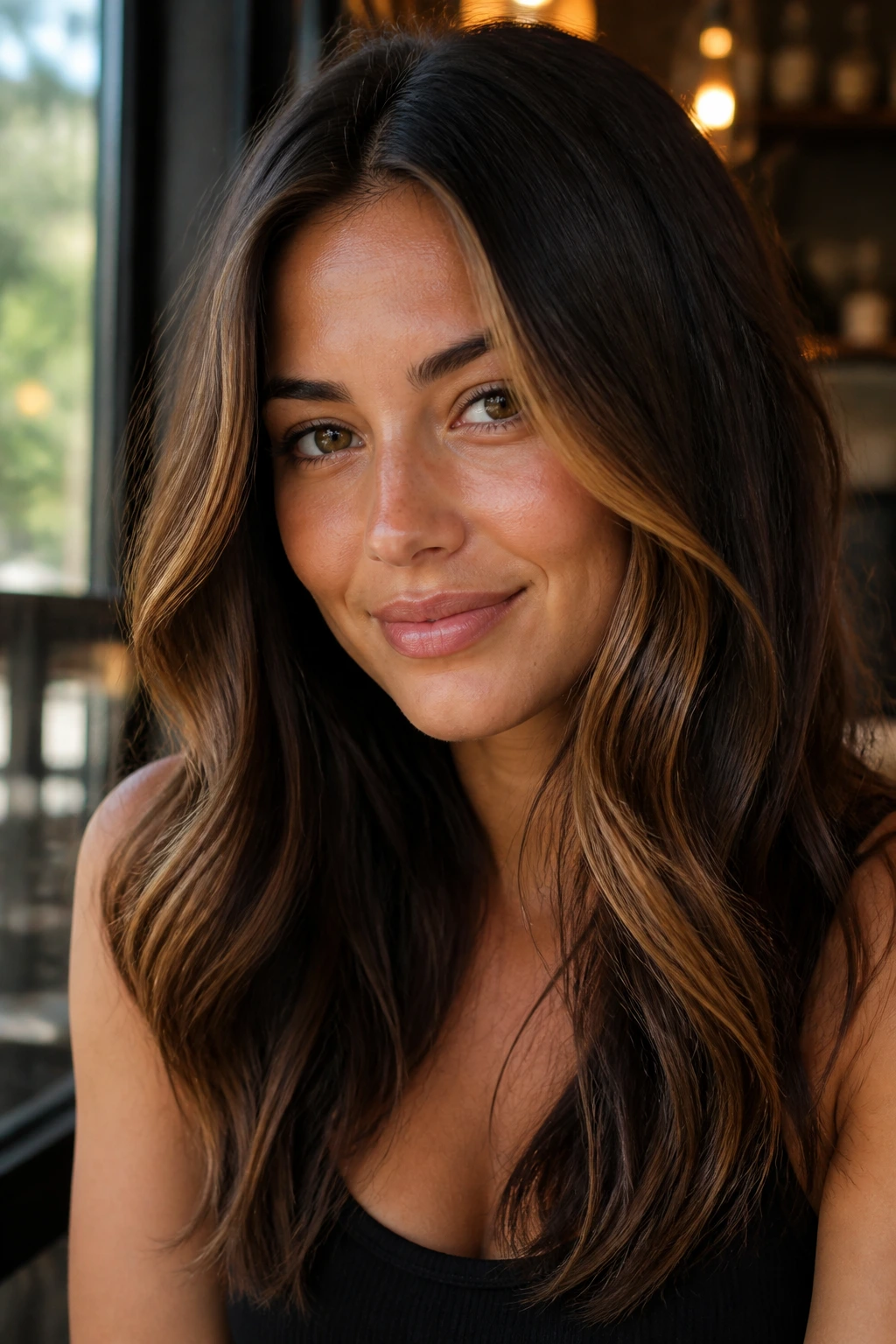 Close-up of a woman with espresso hair and caramel face-framing pieces in warm window light