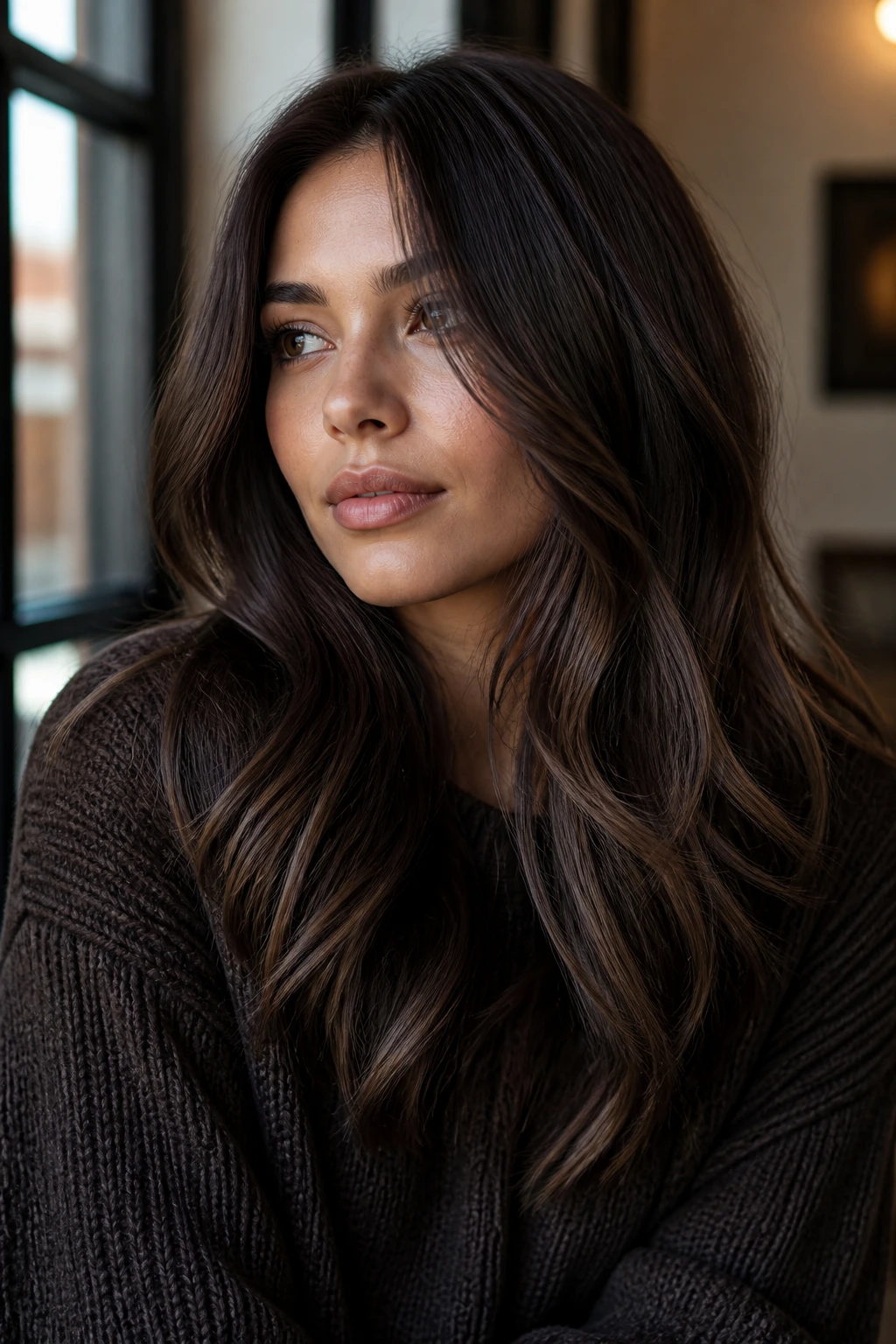 Close-up of a woman with espresso and mushroom brown hair in moody natural light