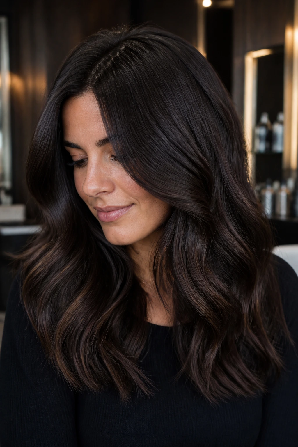 Close-up portrait of a real woman with dimensional espresso lowlights