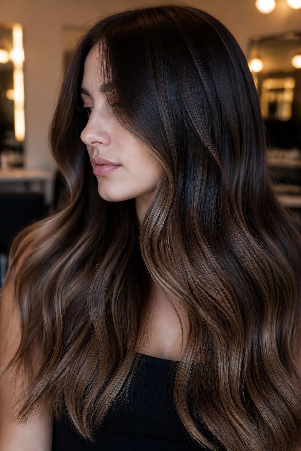 Close-up of a real woman with glossy multi-dimensional brunette hair