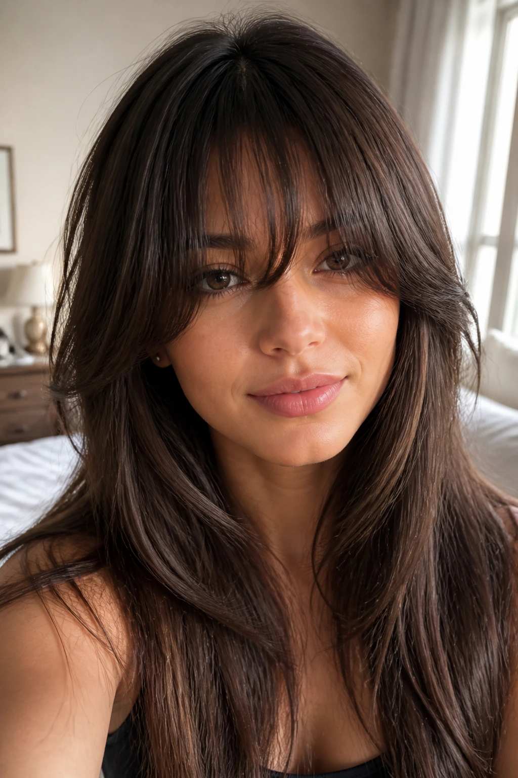 Close-up portrait of a real woman with eyelash-skimming fringe