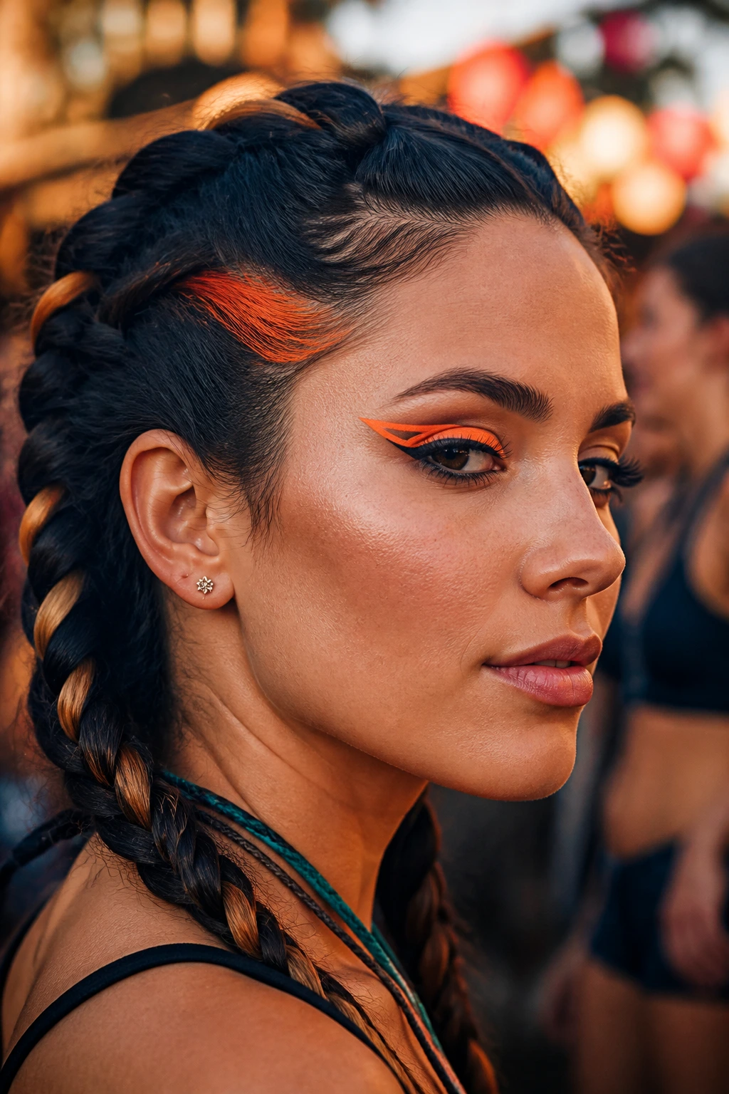 Portrait of a real person with neon orange hair chalk near the temple matching eyeliner at a festival