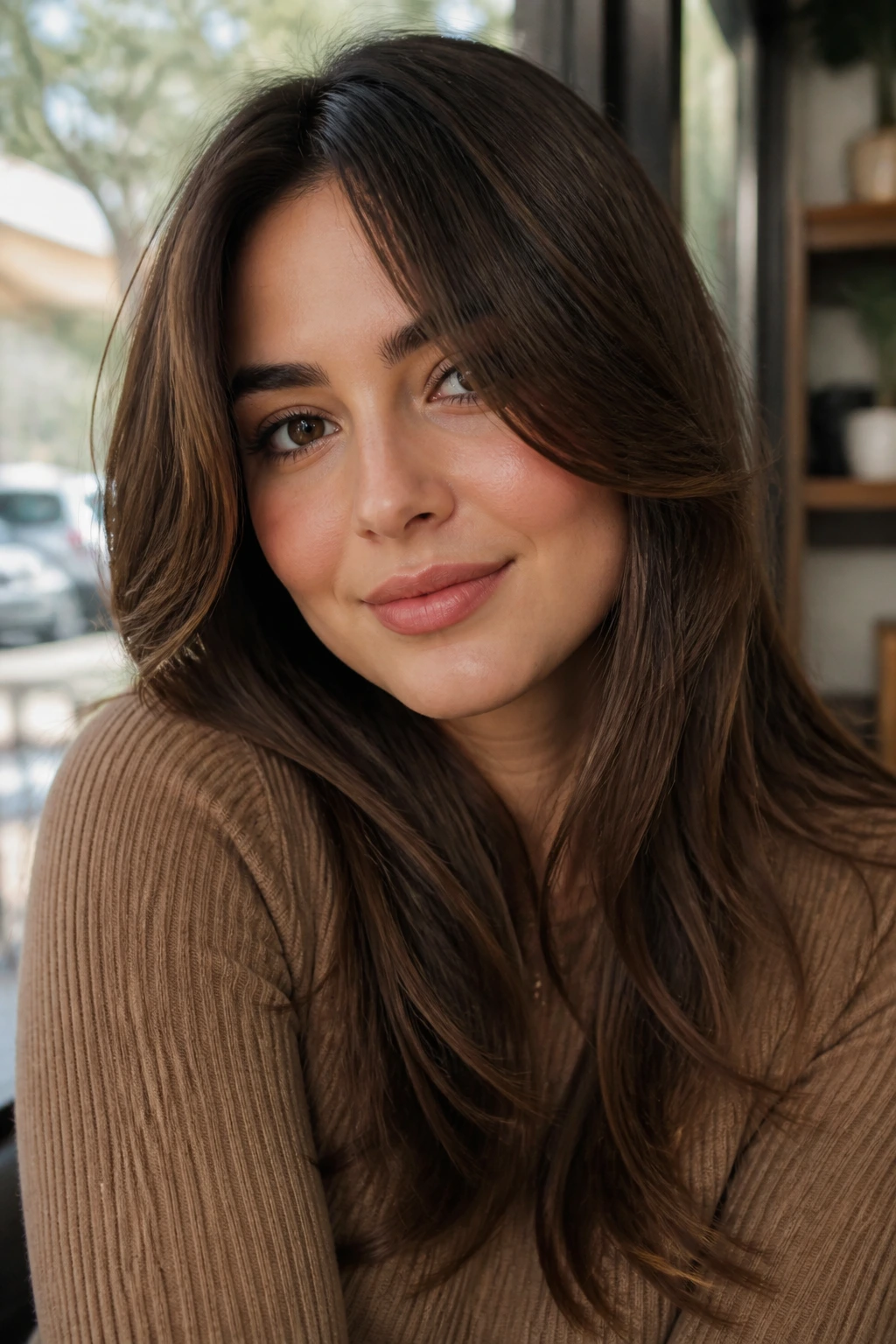 Portrait of a real woman with face-framing curtain bangs for round faces